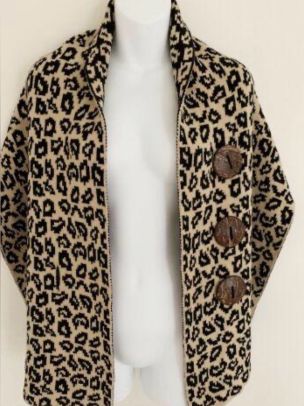 VINTAGE KATIE TODD WOMEN COTTON KNIT SCARF WRAP LEOPARD PRINT BUTTON CLOSURE
